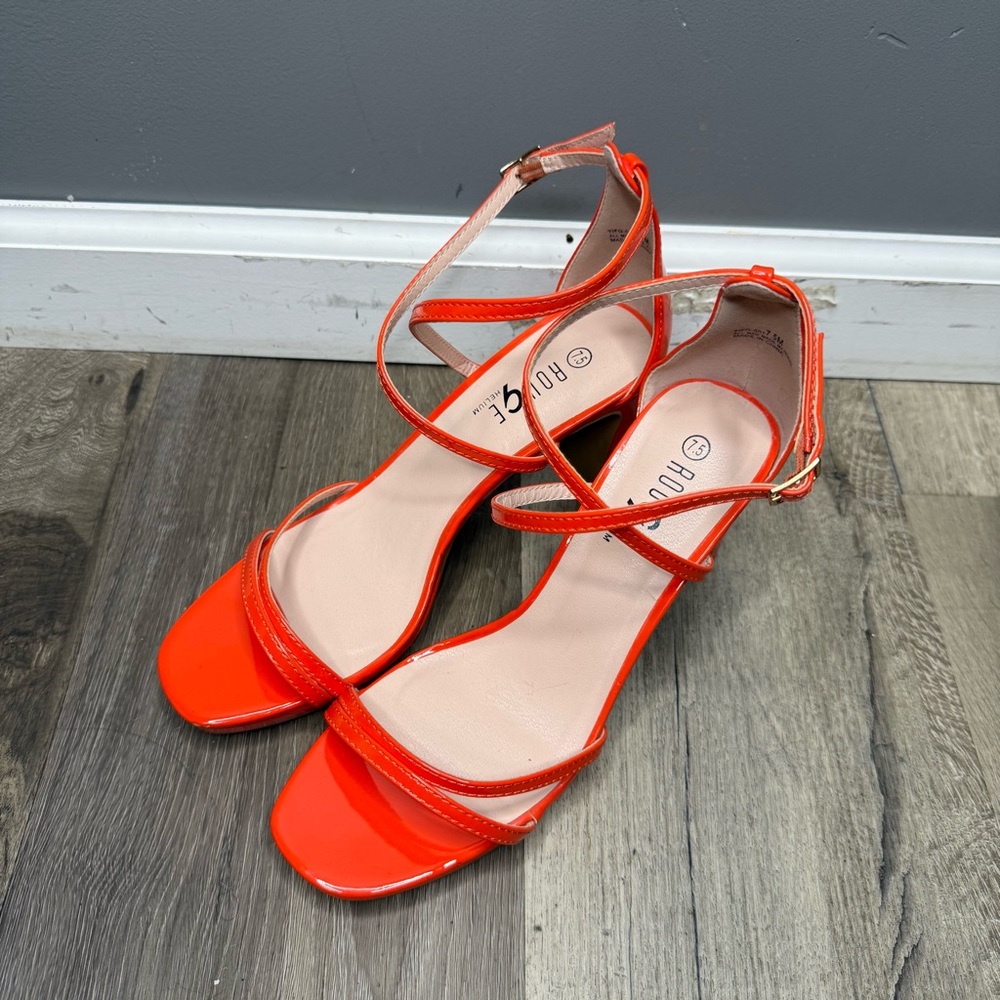 Rouge! Bright Orange Patent Strappy Ankle-Wrap Heels